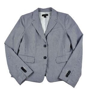 Ann Taylor Womens Seersucker Blazer Jacket Blue Striped Career 6 Petite Nautical